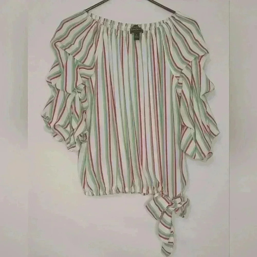 COCO BIANCO Striped Off The Shoulder Ruched Sleeve Top, Size S